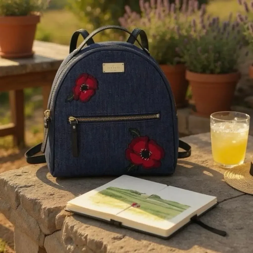 Kate Spade Grove Street Denim Poppy Embroidered Backpack New with Tag MSRP $299